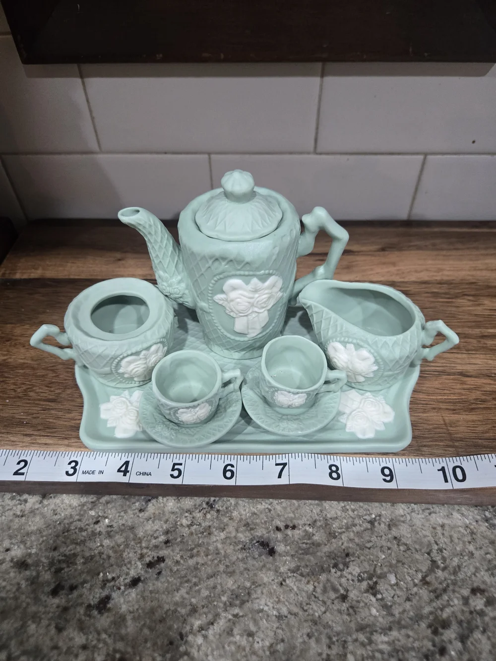 Mint Green Ceramic Tea Set with Floral Relief